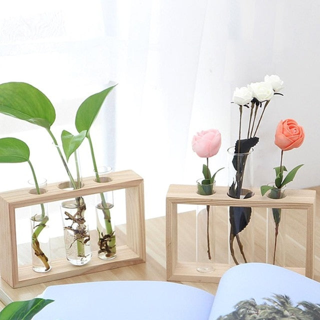 Wood Frame Glass Vase
